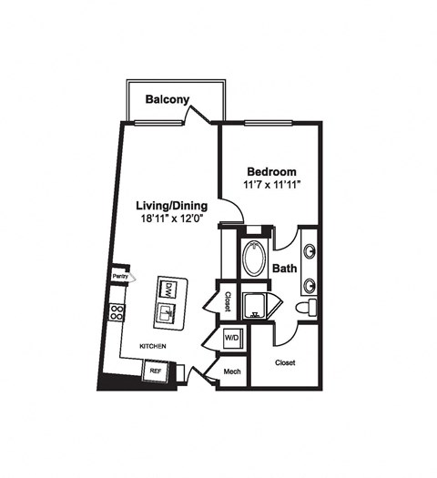 Floor plan for 1 bed, 1 bath, 801 sqft